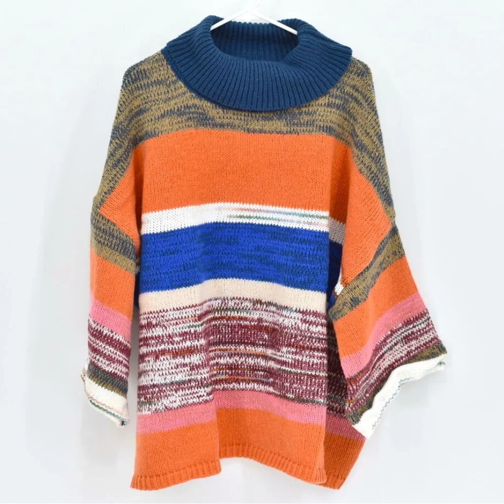 KNOX ROSE™ Cozy Colorful Striped Knit Turtleneck Sweater w 3/4 length Sleeves - Picture 2 of 8